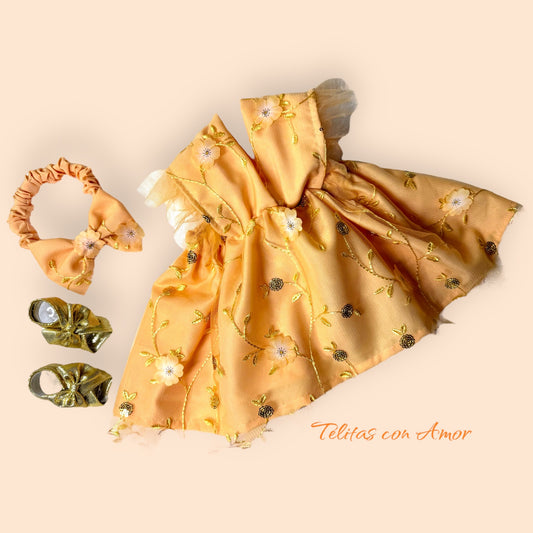 👗✨Vestido bebé anaranjado claro y oro